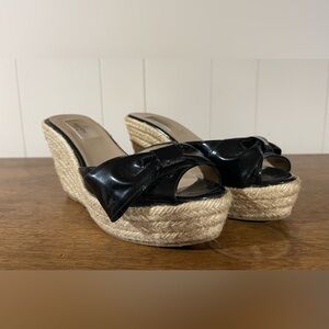 Valentino Wedge Espadrilles Black Patent Slide with Bow Size 37 or 6.5.